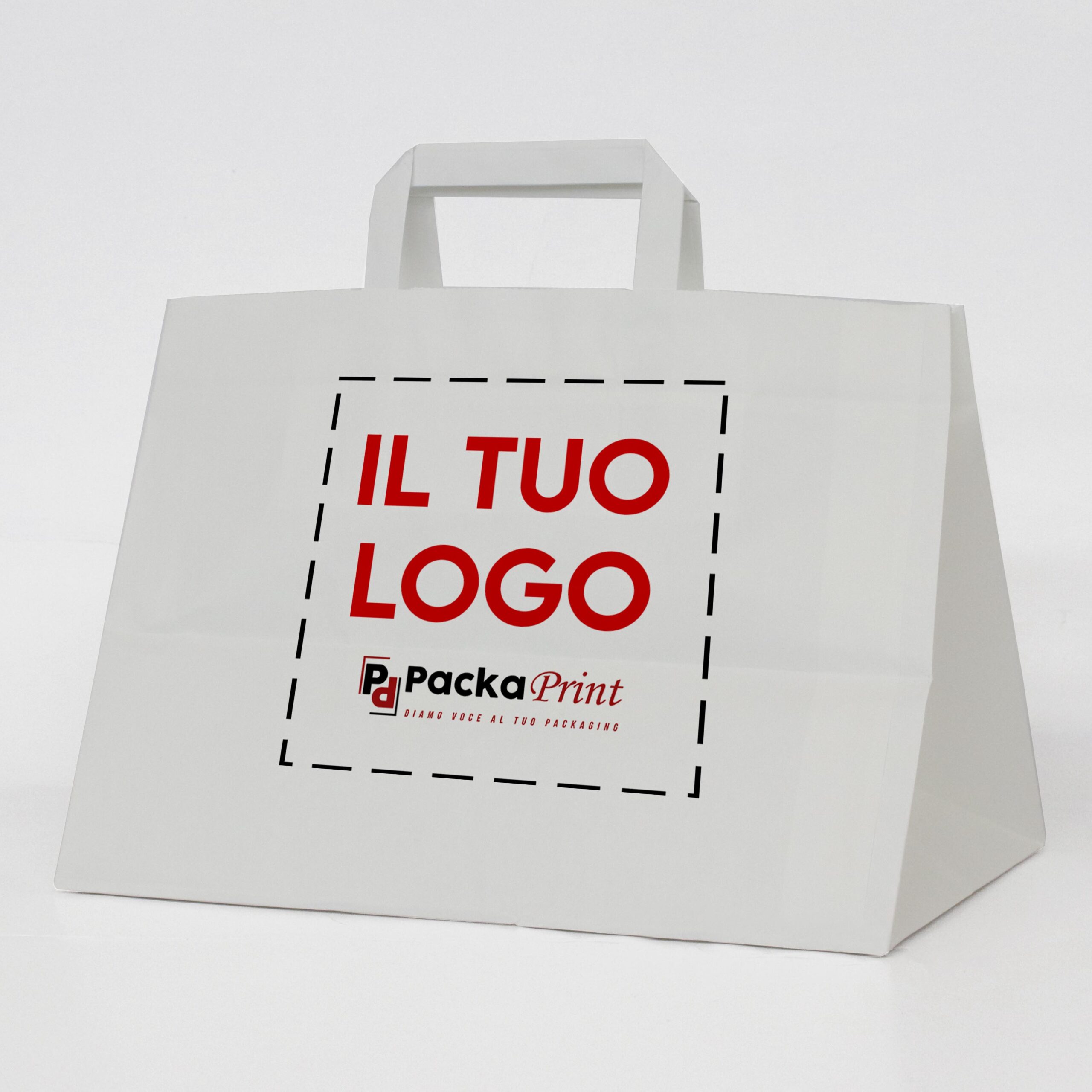 Shopper in carta kraft avana/bianco con manico piattina 32+20x23 cm.